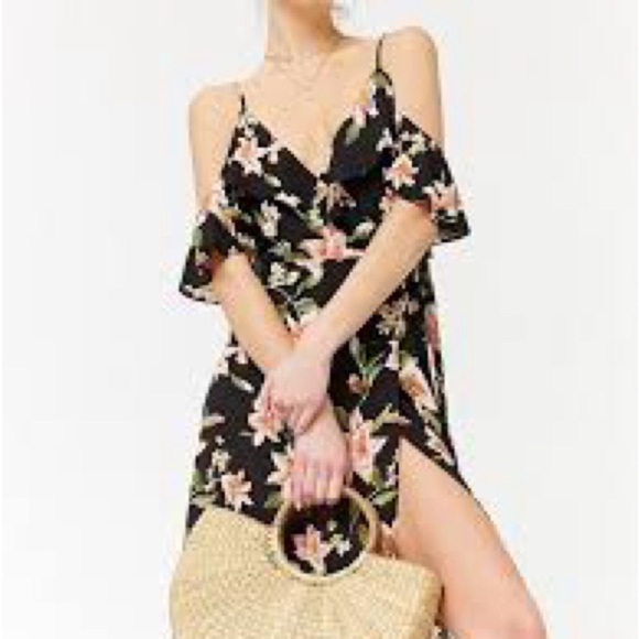 BAND OF GYPSIES | Black Floral Midi Off the Shoulder Faux Wrap Dress - Picture 11 of 14